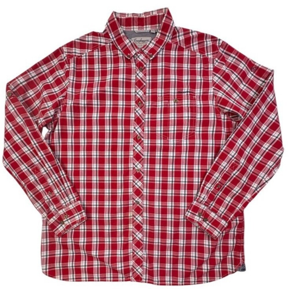 Craghoppers XL SolarShield Plaid Travel Shirt Hidden Zip Pocket Roll Tab Red